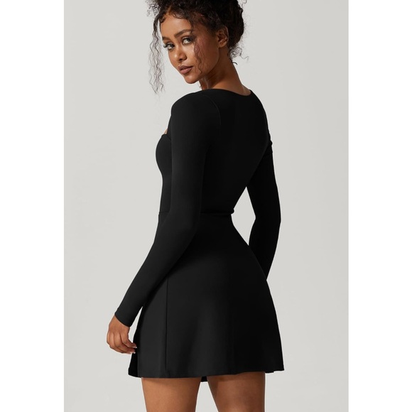 🖤 BLACK Square Neck Bodice Dress Long Sleeve Side Slit Flare Mini Dresses - Picture 3 of 7